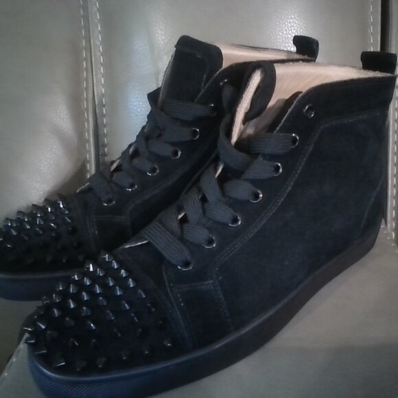 Christian LouBoutin Black suede Red bottom high top sneakers - Picture 1 of 5